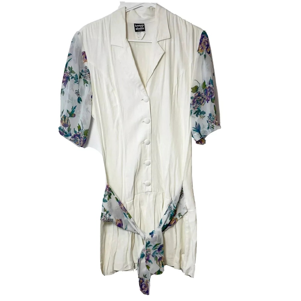 Knapp Studio 3/4 Sleeve Floral Tunic Mini Dress Womens M White Tie Belt USA